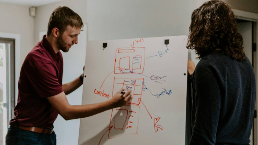 A man and a woman using a whiteboard to come up with a digital marketing strategy 