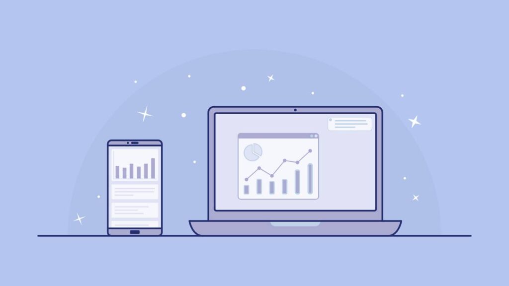 A graphic depiction of a smartphone and a laptop with charts on their displays