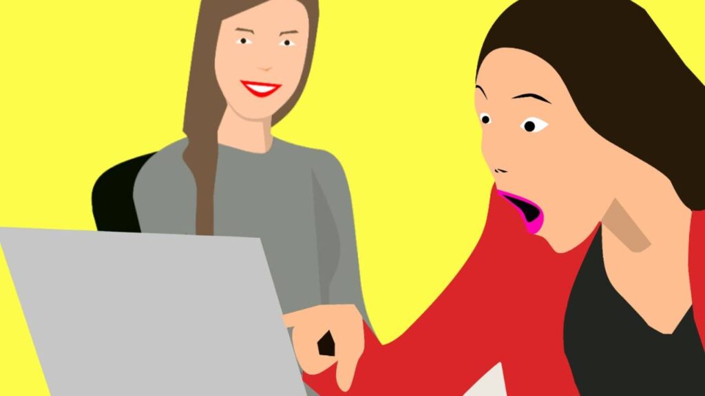 An illustration depicting a female employee looking surprised while looking at her laptop 