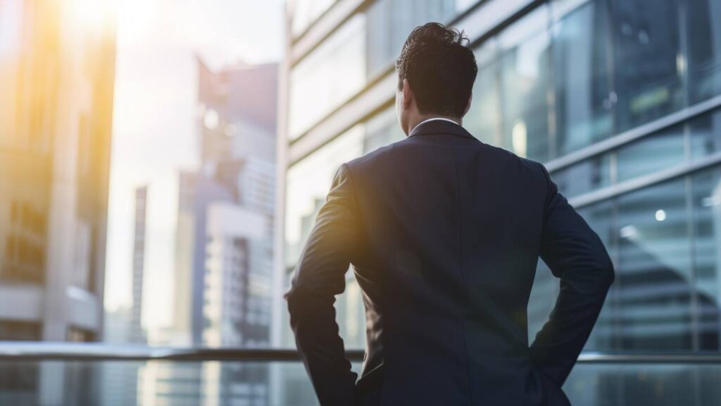 A photo of a man looking at tall skyscrapers 